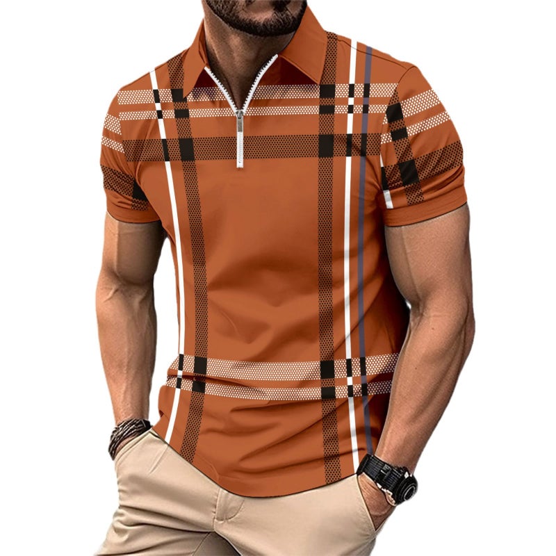 Men's Zippered Polo Shirt Striped Print Sports Top - Image 5