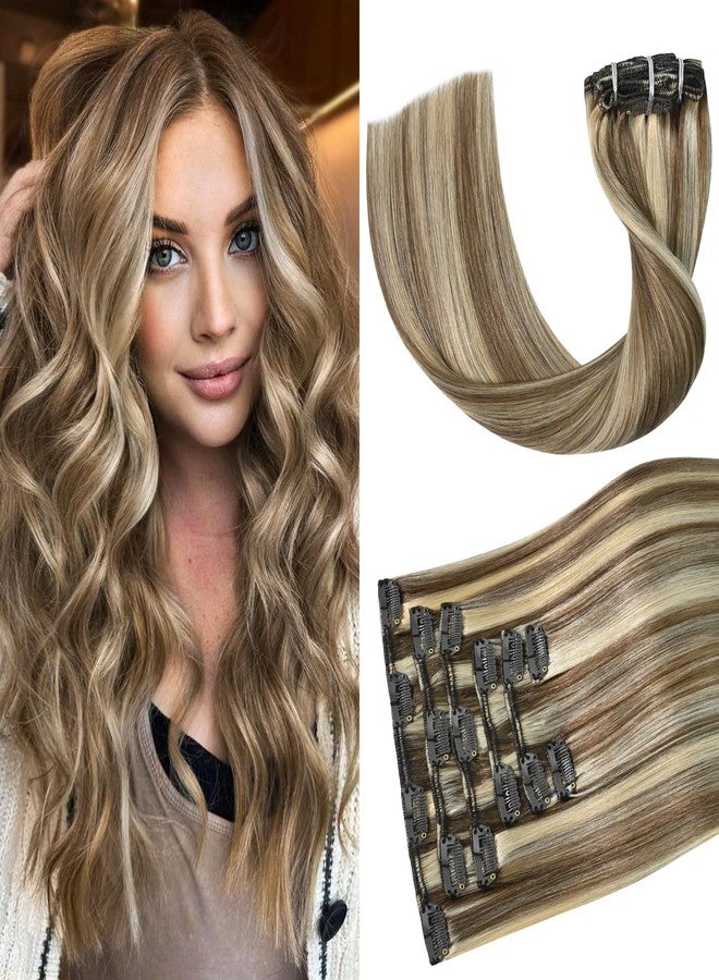 Aison Ash Blonde to Platinum Blonde Clip in Hair Extensions Real Human Hair Balayage Highlights Human Hair Extensions Clip In 18Inch 75 Gram 7PCS - Image 1