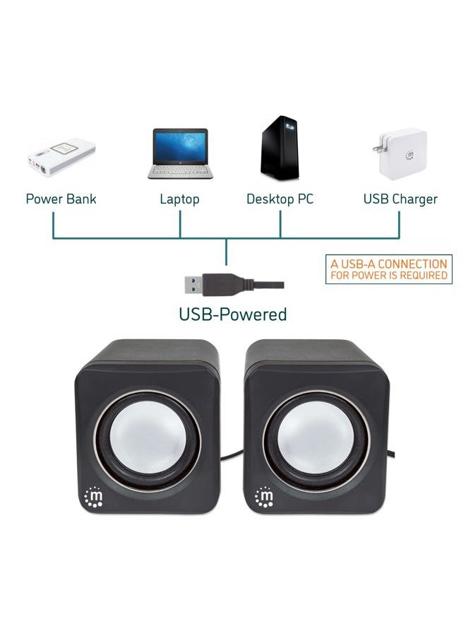 Manhattan USB Powered Stereo Speaker System - Small Size - with Volume Control & 3.5 mm Audio Plug to Connect to Laptop, Notebook, Desktop, Computer - 3 Year Warranty - Black Silver, 166898 - Image 3