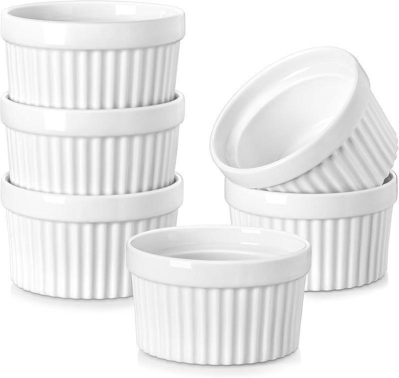 MALACASA Ramekins 6 oz Oven Safe, Porcelain Creme Brulee Ramekins Pudding Custard Cups Small Ceramic Souffle Dishes Ramakan Ramiken Ramicans Baking Bowls Set of 6, White, Series RAMEKIN-DISH - Image 1