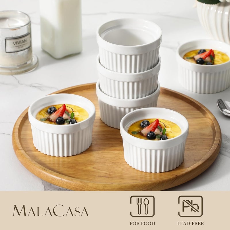 MALACASA Ramekins 6 oz Oven Safe, Porcelain Creme Brulee Ramekins Pudding Custard Cups Small Ceramic Souffle Dishes Ramakan Ramiken Ramicans Baking Bowls Set of 6, White, Series RAMEKIN-DISH - Image 3