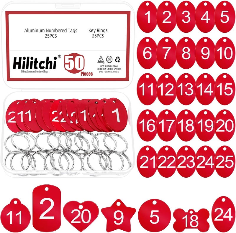 Hilitchi 50 قطعة من علامات ألومنيوم مرقمة بيضاوية مع حلقات مفاتيح، 1-25 علامة تعريف معدنية حمراء لسلسلة المفاتيح للترميز والتنظيم - Image 1
