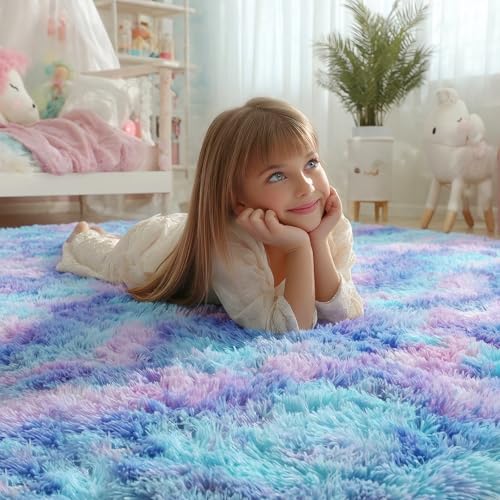 PAGISOFE Round Rugs 5Ft Cute Shaggy Circle Rug for Girls Bedroom Purple Rainbow Rugs for Kids Room Teen Girls Playroom Nursery Fluffy Furry Pastel Mermaid Rug Soft Plush Kawaii Tent Carpet - Image 3