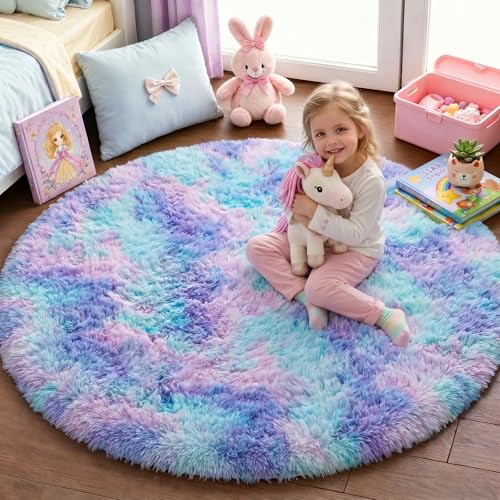 PAGISOFE Round Rugs 5Ft Cute Shaggy Circle Rug for Girls Bedroom Purple Rainbow Rugs for Kids Room Teen Girls Playroom Nursery Fluffy Furry Pastel Mermaid Rug Soft Plush Kawaii Tent Carpet - Image 1