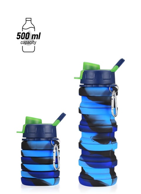Sports Water Bottle, 500 ml Collapsible Adult Drinking Bottle Silicone Drink Outdoor Fitness Portable with Hiking Buckle Personality Travel Mug ( Camouflage Blue )