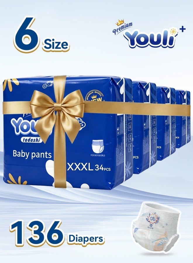 Youli Baby Diapers,Pants Diapers Size 6,15-23 Kg,360° Leak-Free Fit For Up To 100% Leakage Protection, Ultimate Comfort Rash Protection Mega Pack 136 Diapers