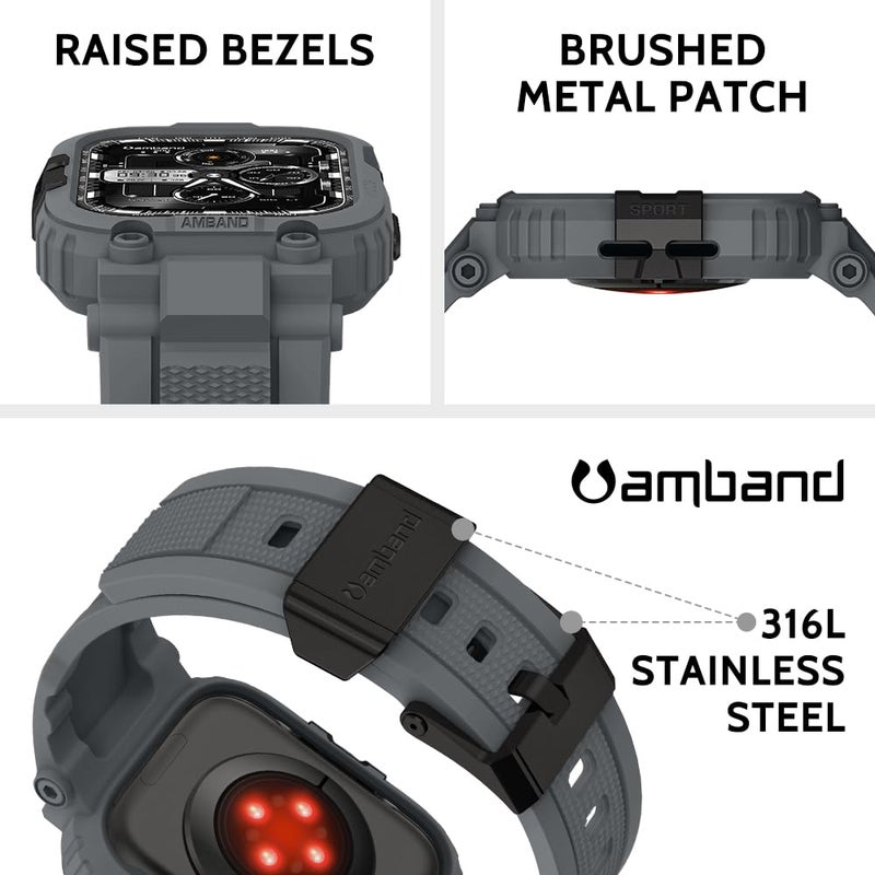 amBand Bands Compatible with Apple Watch 9/8/7 45mm, M1 Sport Series Rugged Case with TPU Strap Military Protective Tough Cover Bumper for iWatch SE3/SE2/SE/6/5/4/3 44mm 42mm Men Gray - Image 2