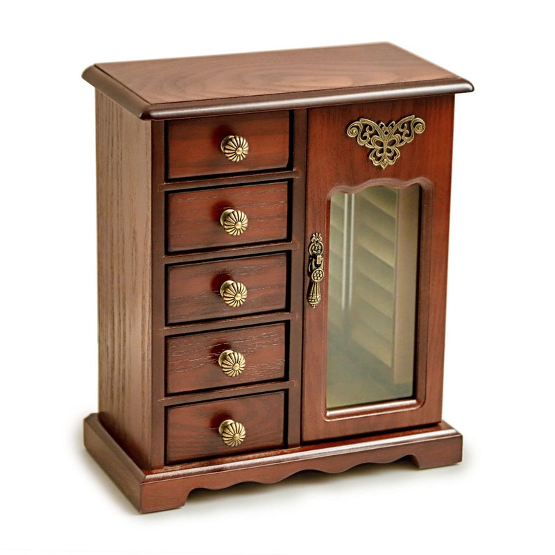 Kendal Wooden Jewelry Box for Women Solid Jewelry Organizer With 5 Drawer Jewelry Holder Organizer Wood Jewelry Case with Butterfly Pattern Mirror for Necklaces Earring Rings Brown with 5 drawer