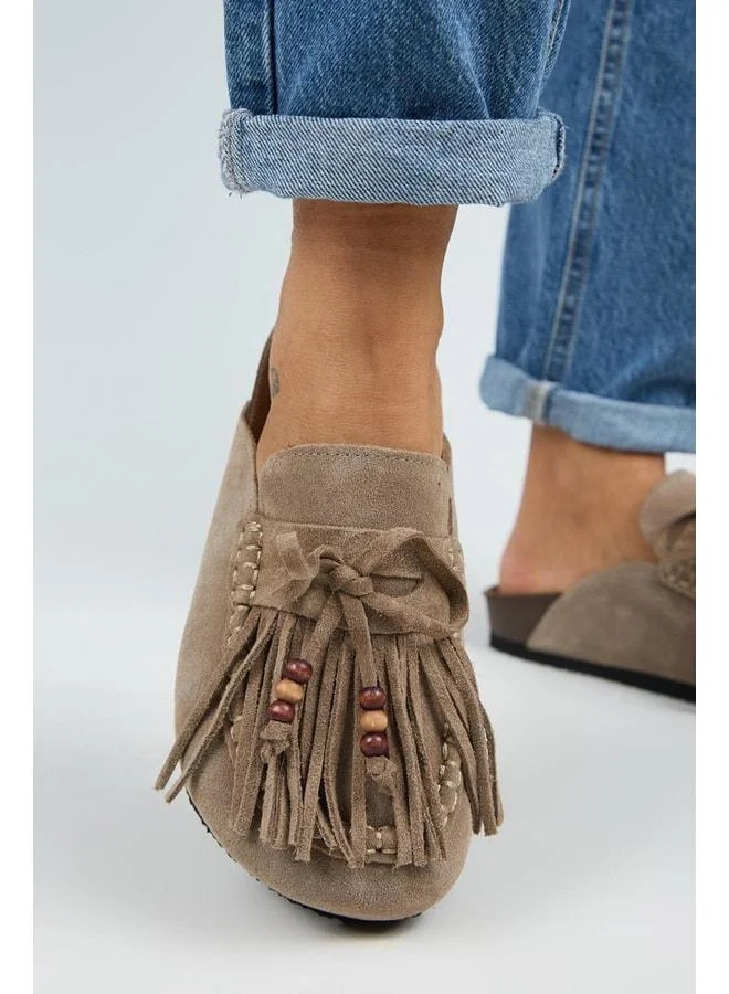 Malinda Women's Real Leather Tassel Beaded Detailed Sabo Violet Slippers.