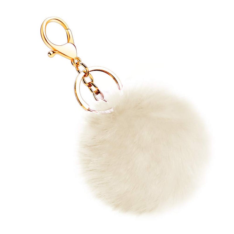 Soleebee Soft Artificial Rabbit Fur Keychain Plush Ball Key Ring Cute Pom Pom Bag Charm for Women Girls (Beige) - Image 2