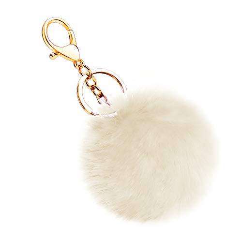 Soleebee Soft Artificial Rabbit Fur Keychain Plush Ball Key Ring Cute Pom Pom Bag Charm for Women Girls (Beige) - Image 1