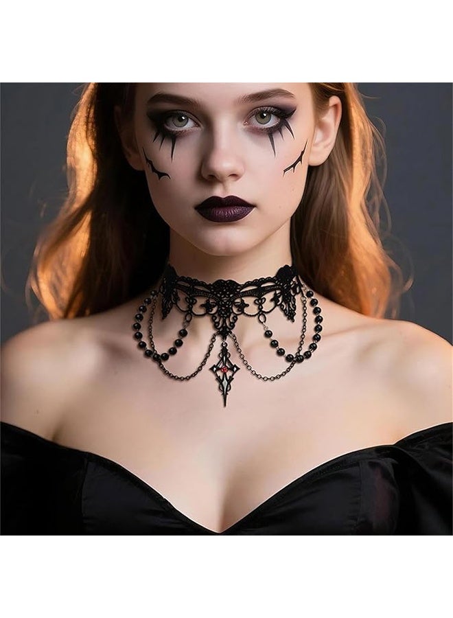 عقد تشوكر دانتيل قوطي للنساء، قلادات بحجر كريستال أحمر وأسود، عقد بأسلوب قلادة، قلادات بطبقات مجوفة، إكسسوارات مجوهرات - Image 4
