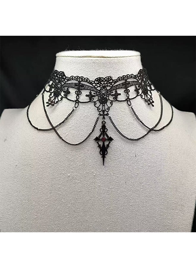 عقد تشوكر دانتيل قوطي للنساء، قلادات بحجر كريستال أحمر وأسود، عقد بأسلوب قلادة، قلادات بطبقات مجوفة، إكسسوارات مجوهرات - Image 5
