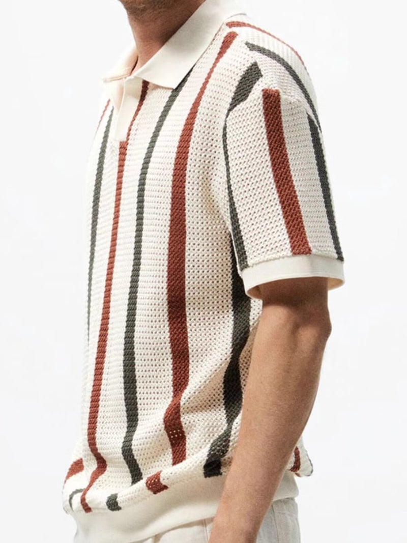 Men's Striped Mesh Polo Shirt Casual Knit Top - Image 3