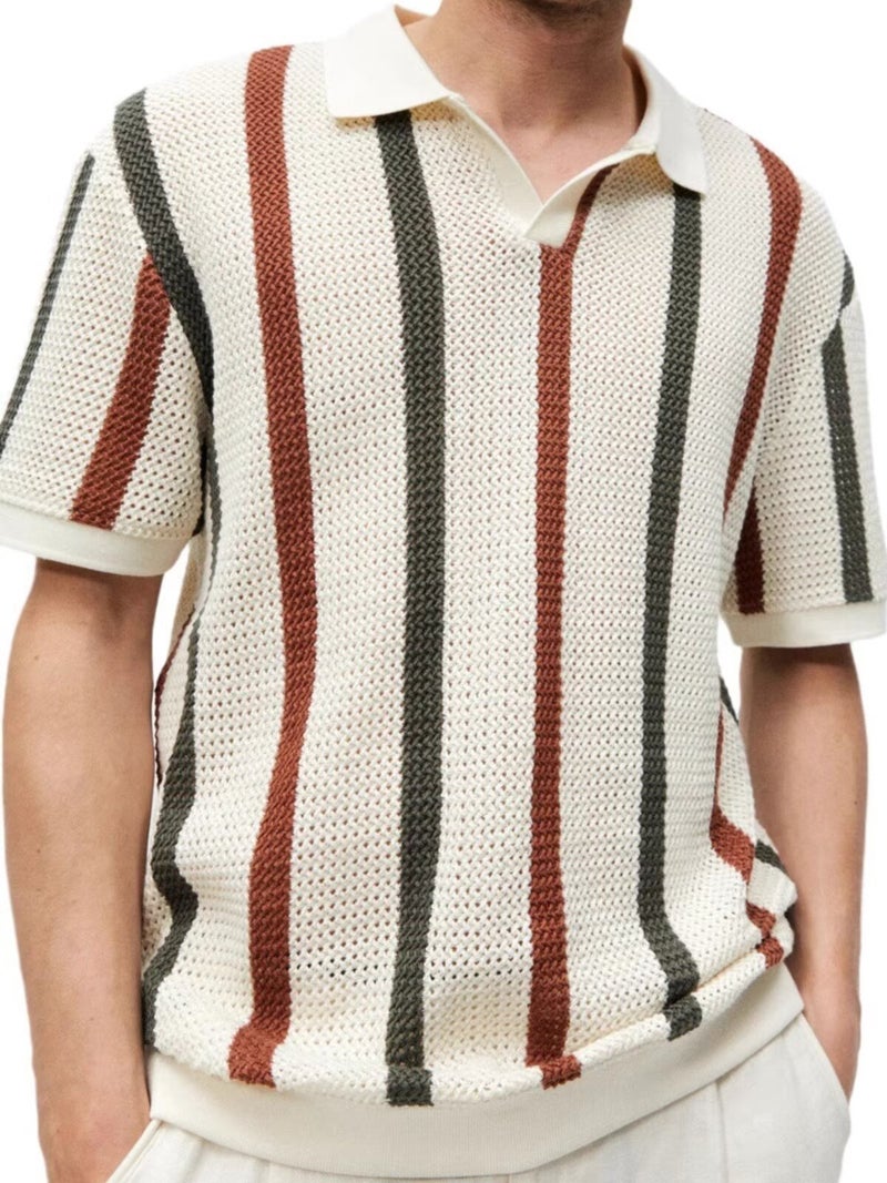 Men's Striped Mesh Polo Shirt Casual Knit Top - Image 5