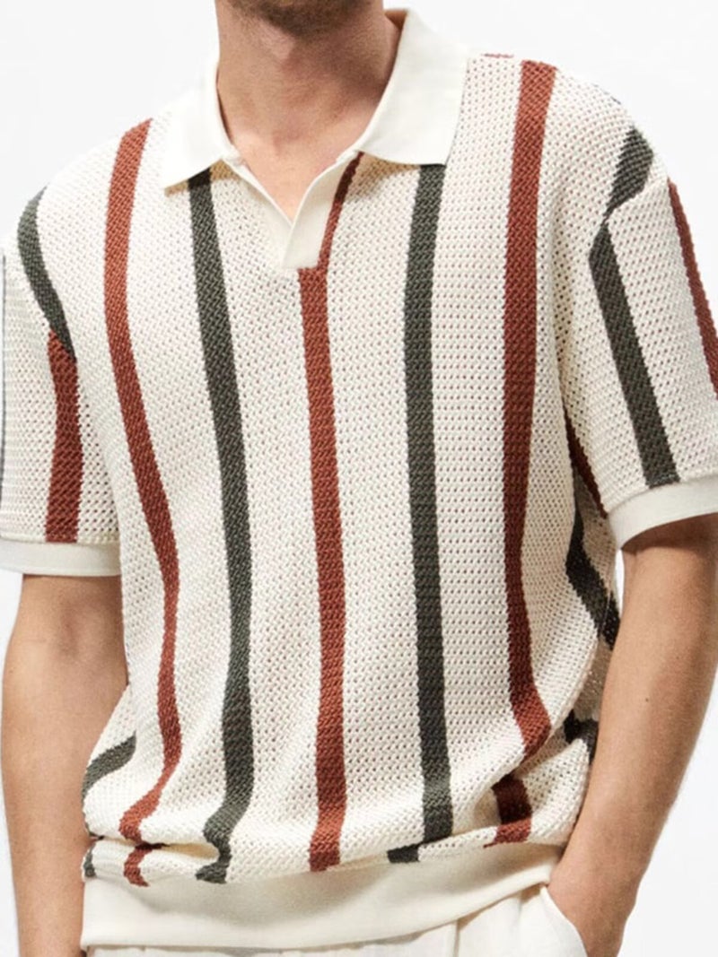 Men's Striped Mesh Polo Shirt Casual Knit Top - Image 1