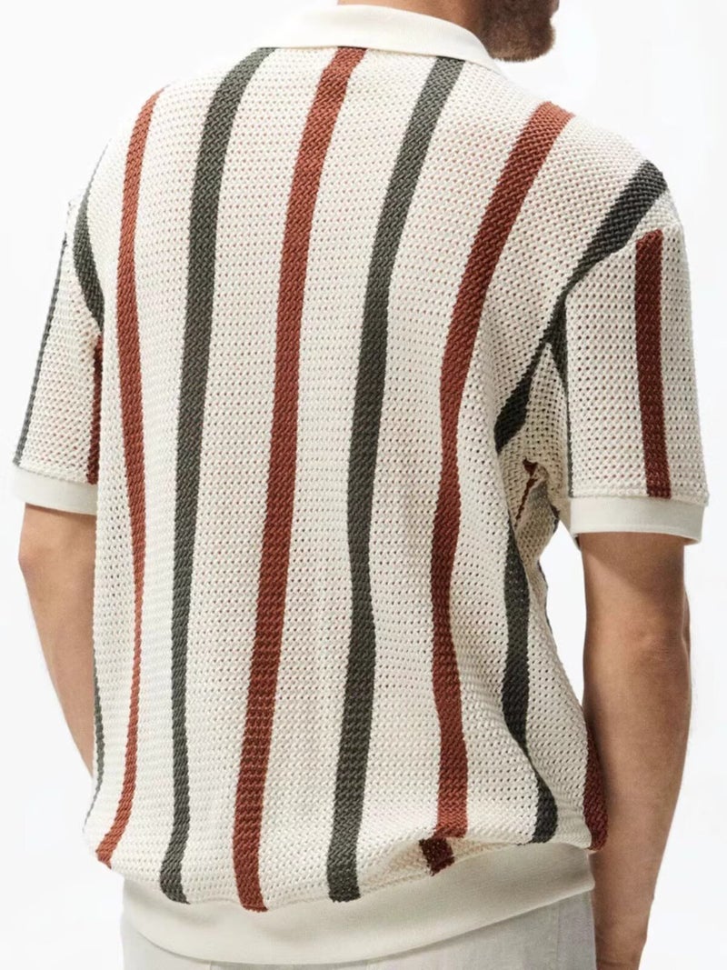 Men's Striped Mesh Polo Shirt Casual Knit Top - Image 4