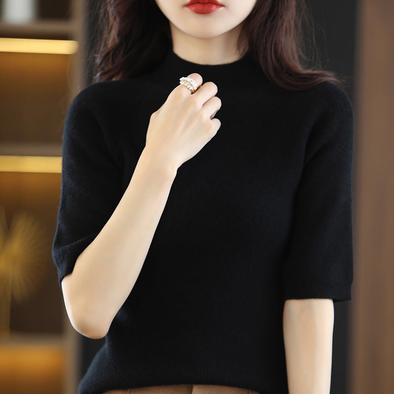 Spring and summer loose all-match wool knitted short-sleeved women's large size round neck solid color bottoming shirt knitted T-shirt thin section Gold camel M - Image 4