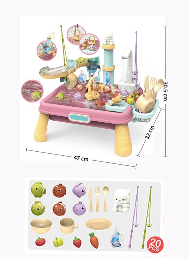 Vixplorn 2-in-1 Fishing/Dishwashing Toy Children's dishwashing playset Dishwasher toys Fishing toys Vegetable washing sink Kitchen toys Situational simulation toys - Image 2