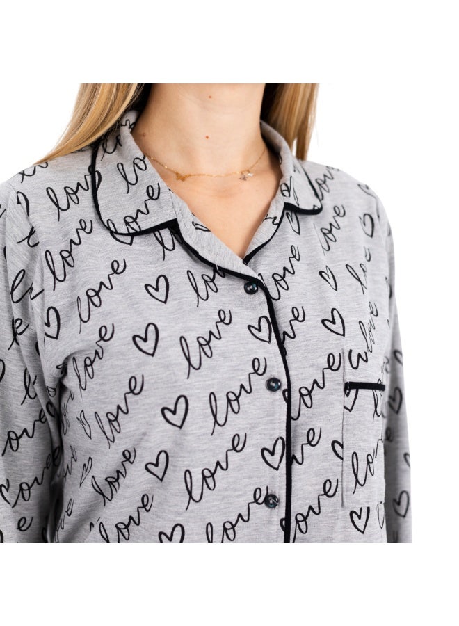 zecotex  Women's Classic 2-Piece Pajama Set - Soft Cotton Sleepwear with "Love" Print & Contrast Piping - Image 2