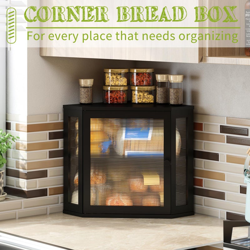 BMOSU Corner Bread Box for Kitchen Countertop Double Layer Bamboo Wooden Bread box Large Capacity Bread Storage Bin(Black, Medium) - Image 3
