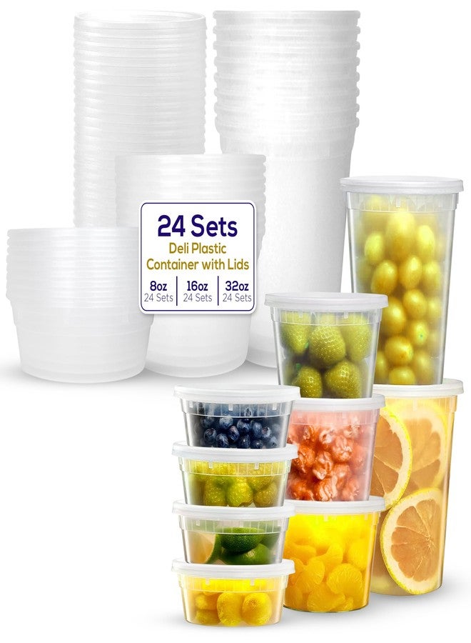 Supreme Select Supreme Deli Plastic Storage Containers with Lids 8oz, 16oz, 32oz [8 sets of each - 24 combo pack] Reusable Food Containers - Microwavable & Freezer friendly - Dishwasher safe - Secure fitting Covers - Image 1