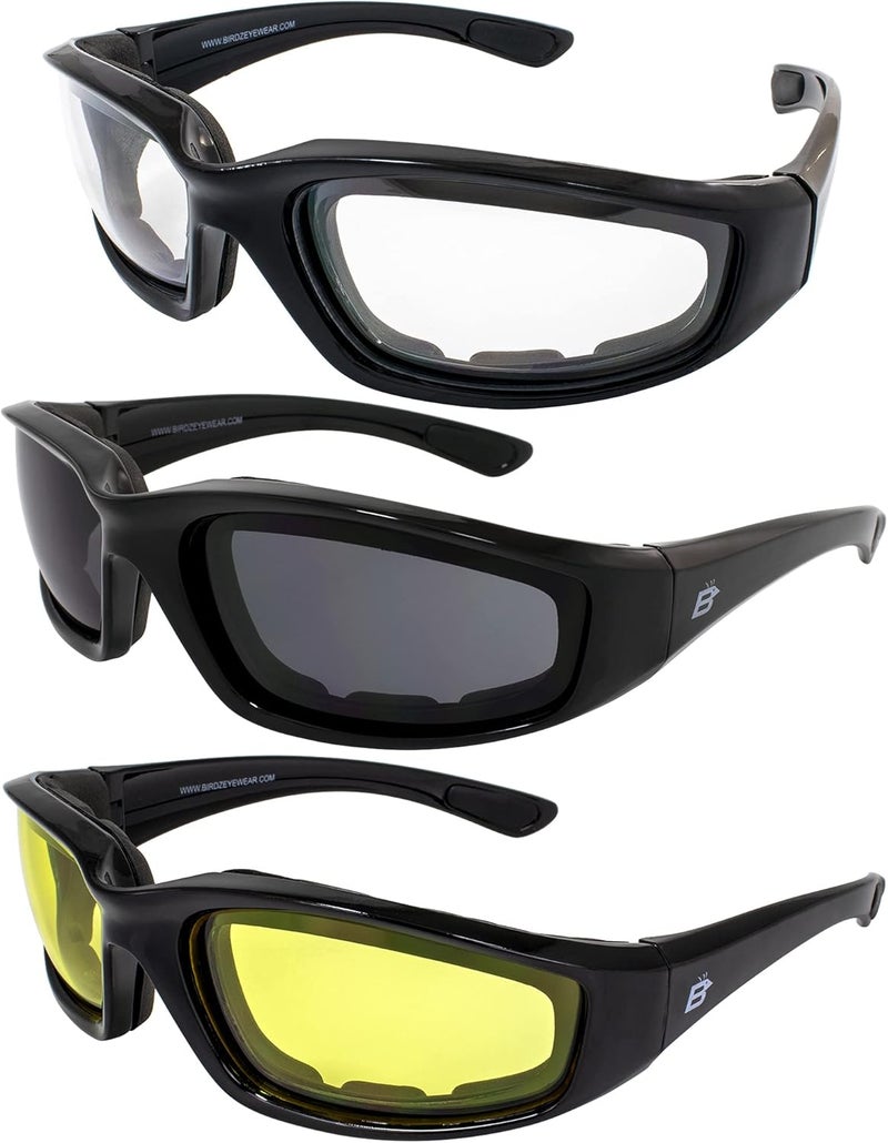 Birdz نظارات موتوسيكل بيدز المبطنة - 3 أزواج (مدخن، شفاف، أصفر) - Image 1