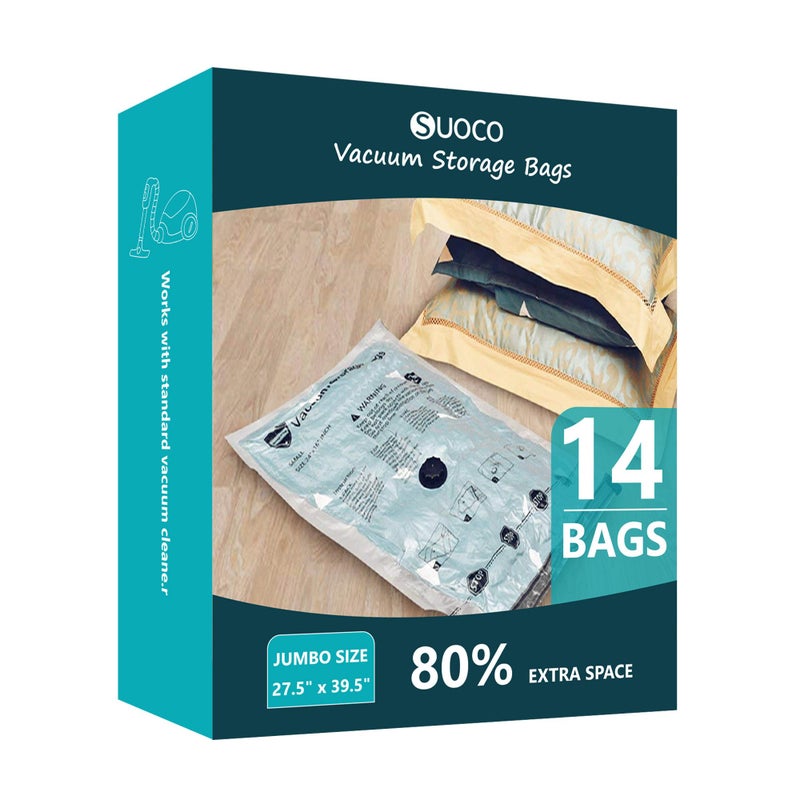 SUOCO Vacuum Storage Bags, Compression Packing Space Saver Seal Bags for Clothing Bedding Comforters Blankets Pillows, 14 Jumbo - Image 1
