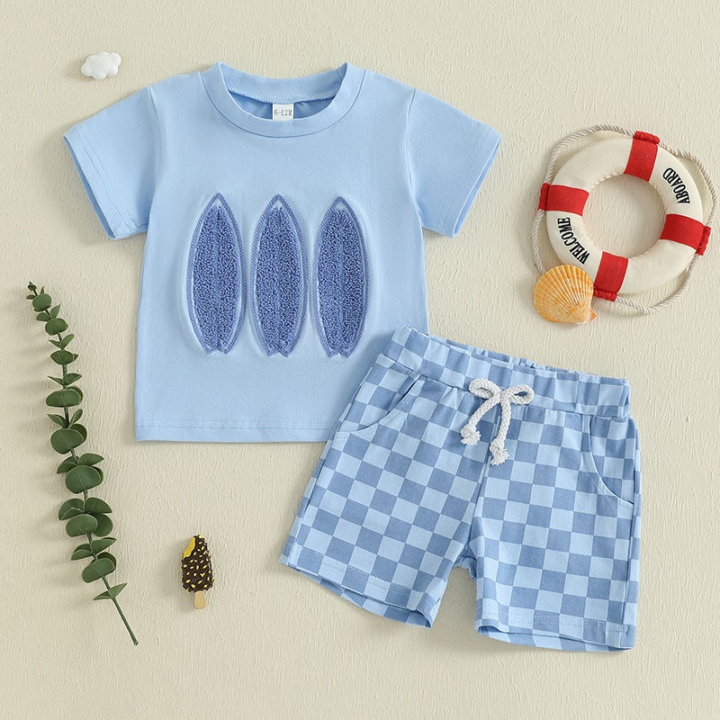 Cross-Border Children''s New Summer Suit Leaf Embroidered Short-Sleeved Top Checkerboard Plaid Shorts Two-Piece Set - Image 3