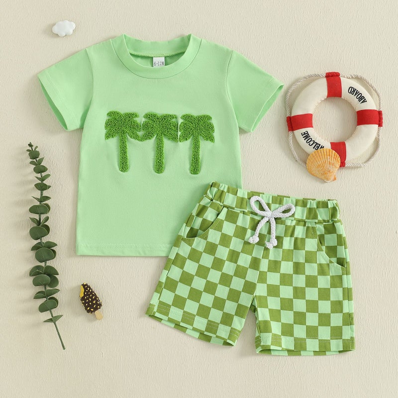 Cross-Border Children''s New Summer Suit Leaf Embroidered Short-Sleeved Top Checkerboard Plaid Shorts Two-Piece Set - Image 4