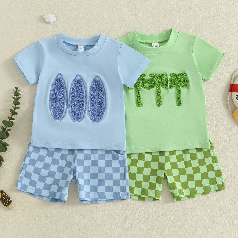 Cross-Border Children''s New Summer Suit Leaf Embroidered Short-Sleeved Top Checkerboard Plaid Shorts Two-Piece Set - Image 2