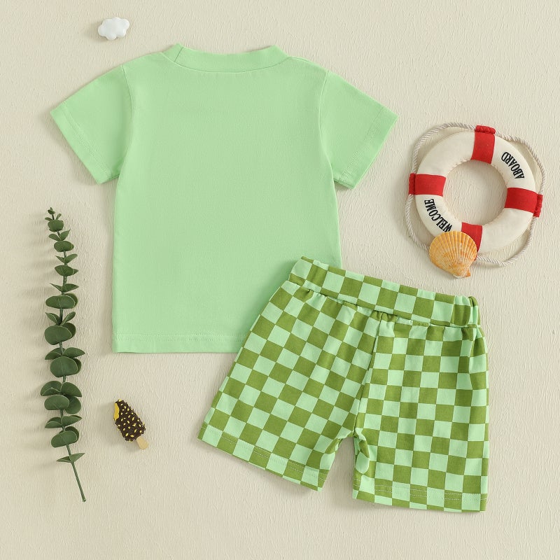 Cross-Border Children''s New Summer Suit Leaf Embroidered Short-Sleeved Top Checkerboard Plaid Shorts Two-Piece Set - Image 5