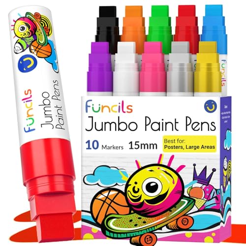Funcils 10 Jumbo Acrylic Paint Markers 15mm Fat Acrylic Paint Pens for Canvas Rock Painting Wood Plastic Glass Large Thick Permanent Pens for Signs Board Calligraphy Poster Markers - Image 1