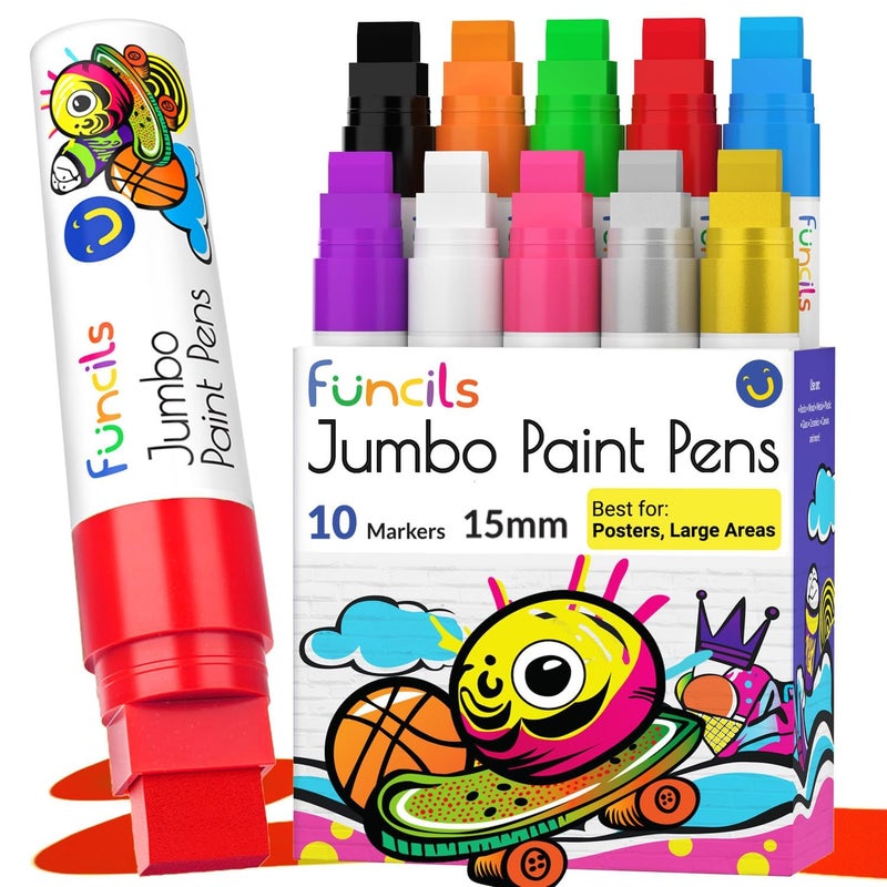 Funcils 10 Jumbo Acrylic Paint Markers 15mm Fat Acrylic Paint Pens for Canvas Rock Painting Wood Plastic Glass Large Thick Permanent Pens for Signs Board Calligraphy Poster Markers - Image 2