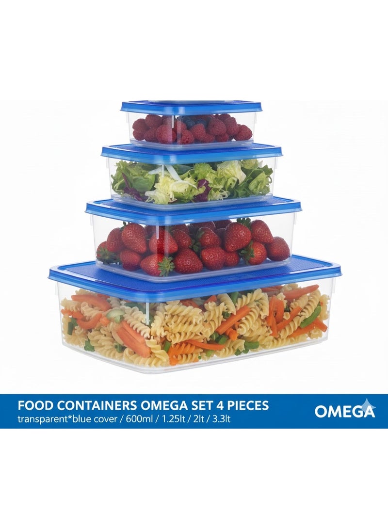 أوميغا طقم حاويات تخزين طعام أوميغا 4 قطع | حاويات شفافة بأغطية زرقاء | بلاستيك PP متين وخالٍ من المواد الضارة | آمن للاستخدام في الميكروويف، الفريزر، وغسالة الأطباق (600 مل إلى 3.3 لتر) - Image 1