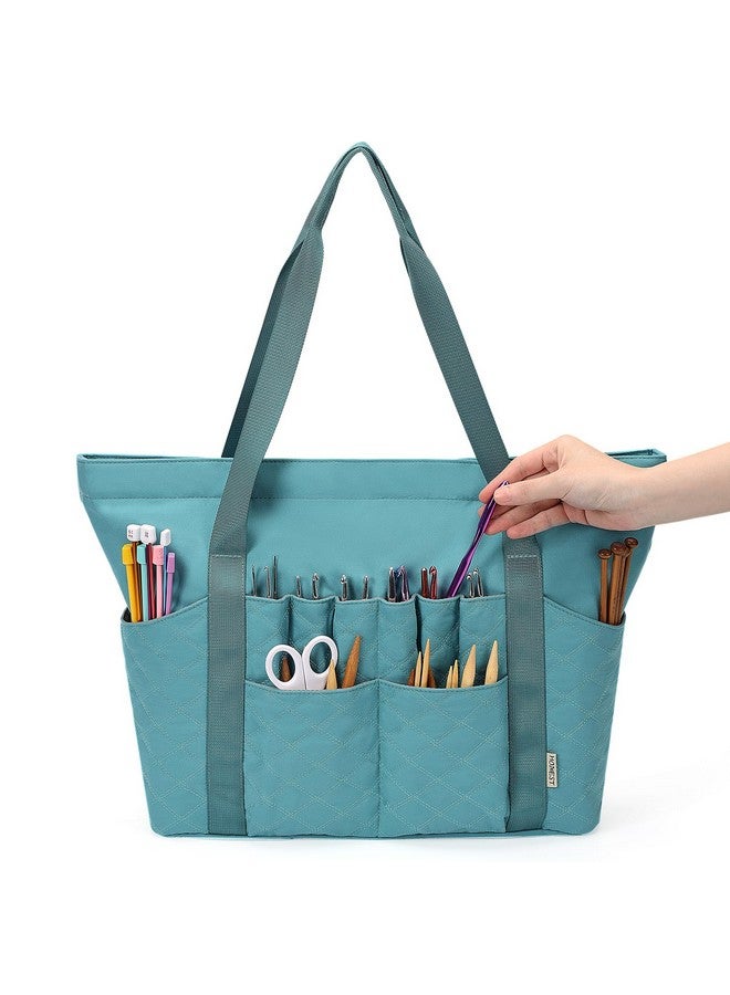 HOMEST Tote Crochet Bag, Yarn Storage Organizer, Knitting Bag With Custom Front Pockets For Crochet Hooks, Knitting Needles And Crochet Accessories, Turquoise  - Image 2