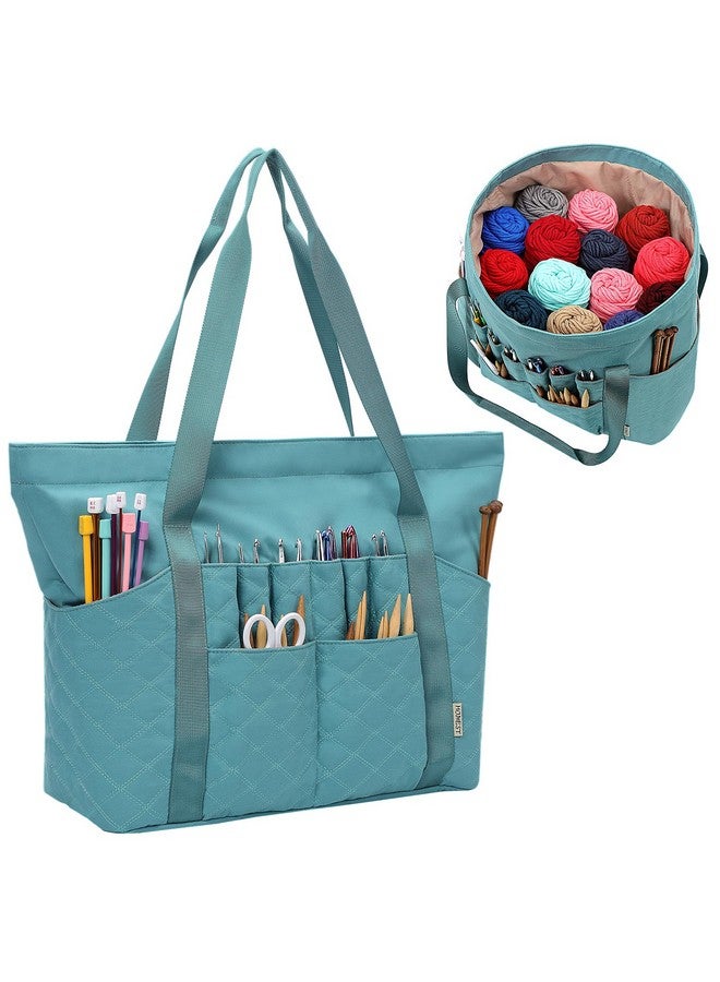HOMEST Tote Crochet Bag, Yarn Storage Organizer, Knitting Bag With Custom Front Pockets For Crochet Hooks, Knitting Needles And Crochet Accessories, Turquoise  - Image 1