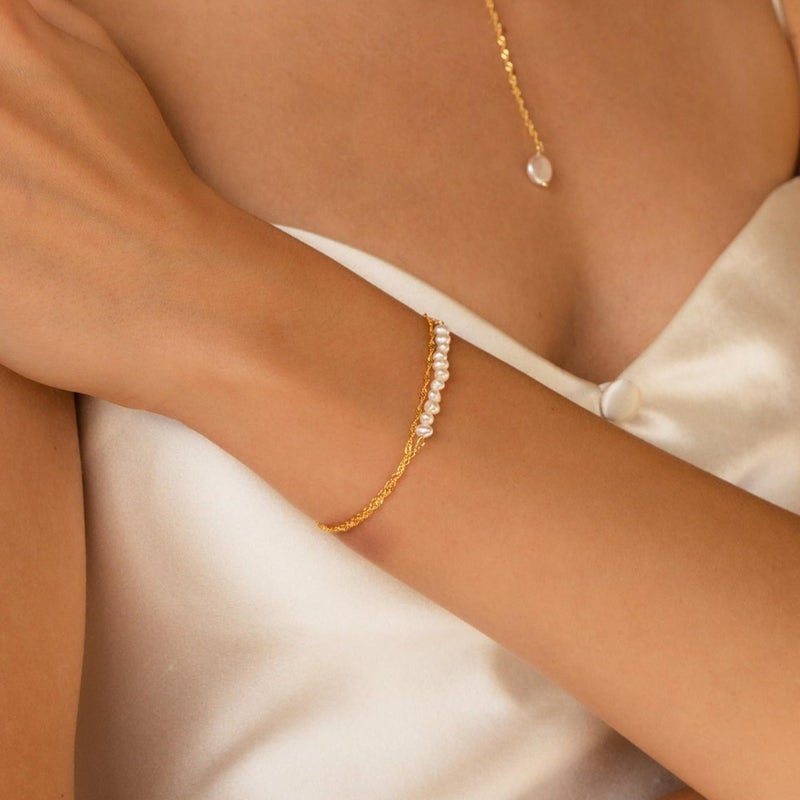 SLOONG Gold Bracelets for Women Trendy, 14K Real Gold Plated Dainty Stackable Pearl Bracelets, Waterproof Jewelry Gift for Women Adjustable 6"+2" - Image 4