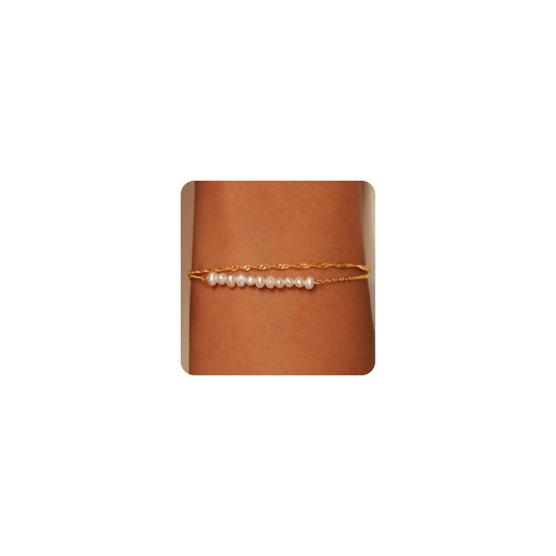 SLOONG Gold Bracelets for Women Trendy, 14K Real Gold Plated Dainty Stackable Pearl Bracelets, Waterproof Jewelry Gift for Women Adjustable 6"+2" - Image 1