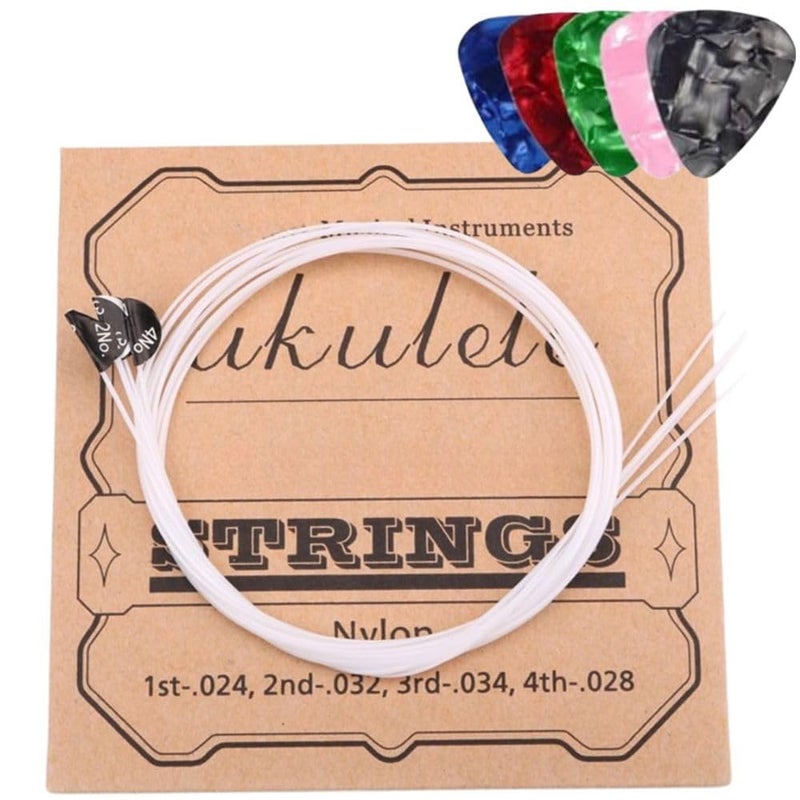 TechBlaze 4 Nylon Ukulele Strings Set with Picks Replacement Ukulele Strings True Tone for Soprano, Concert, Tenor, 1-A,2-E,3-C,4-G – White - Image 1