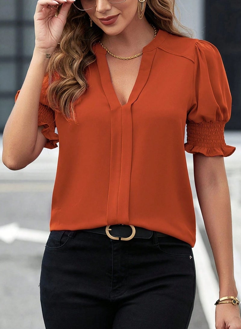Shougu New V-neck Style Bubble Sleeve Solid Color Shirt Women's Top  - Image 1
