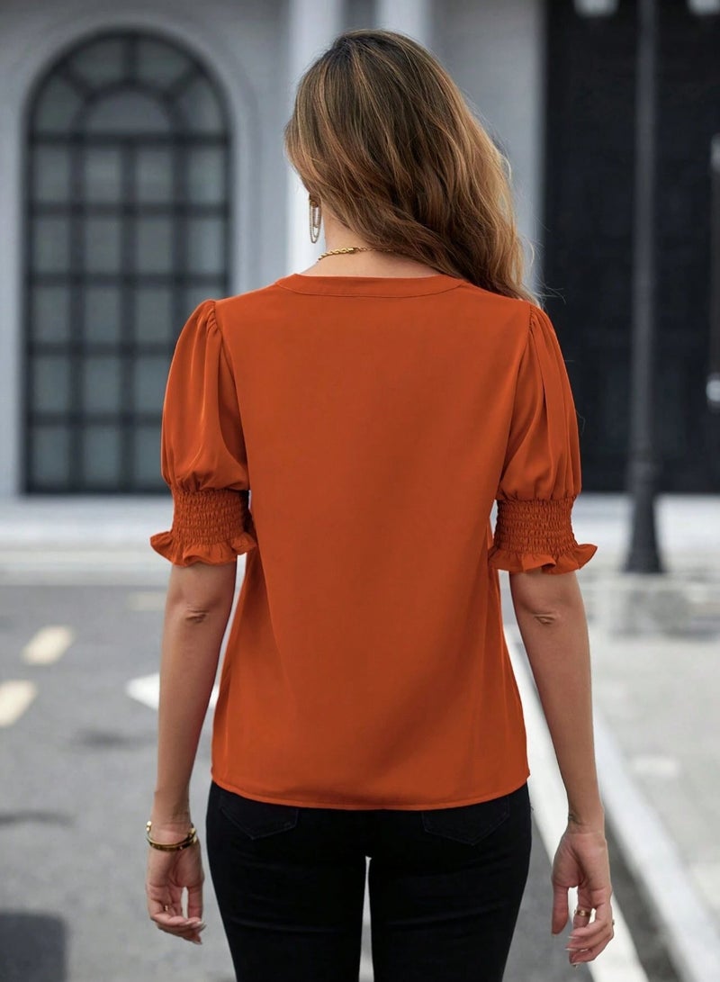 Shougu New V-neck Style Bubble Sleeve Solid Color Shirt Women's Top  - Image 2