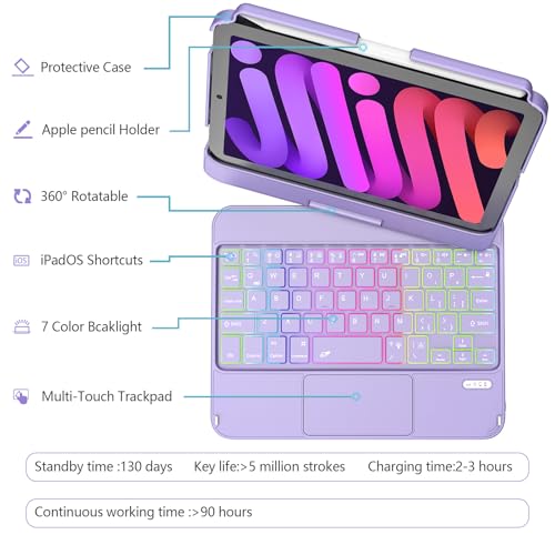 TaIYanG Keyboard Case for iPad mini 7 A17 Pro 2024 & Mini 6,7 Color Backlit Trackpad Keyboard Case for iPad mini 6th Generation 2021 8.3-inch,360° Rotatable Slim Cover for iPad mini 7th Gen,Light Purple - Image 3