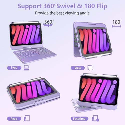 TaIYanG Keyboard Case for iPad mini 7 A17 Pro 2024 & Mini 6,7 Color Backlit Trackpad Keyboard Case for iPad mini 6th Generation 2021 8.3-inch,360° Rotatable Slim Cover for iPad mini 7th Gen,Light Purple - Image 4
