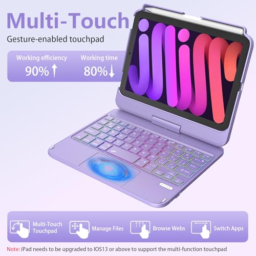 TaIYanG Keyboard Case for iPad mini 7 A17 Pro 2024 & Mini 6,7 Color Backlit Trackpad Keyboard Case for iPad mini 6th Generation 2021 8.3-inch,360° Rotatable Slim Cover for iPad mini 7th Gen,Light Purple - Image 5