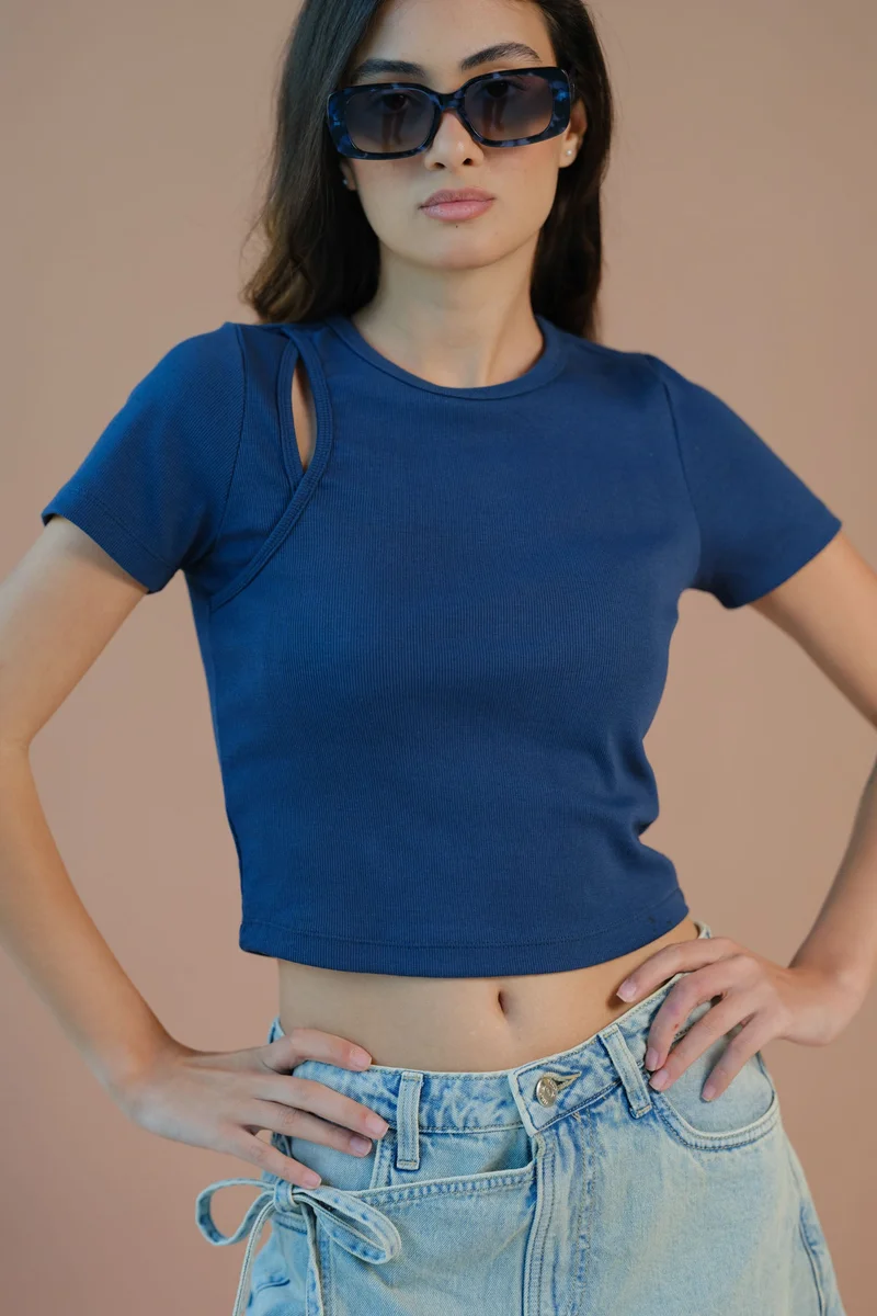 فيرجيو Solid Cotton Stretch Black Cutout Ribbed Top for Women