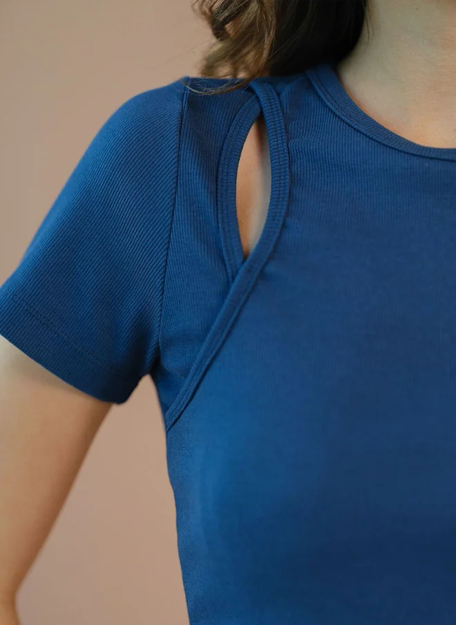 Virgio Navy Blue Virgio Women Cotton Stretch Cutout Ribbed Top for Women | Best Price UAE