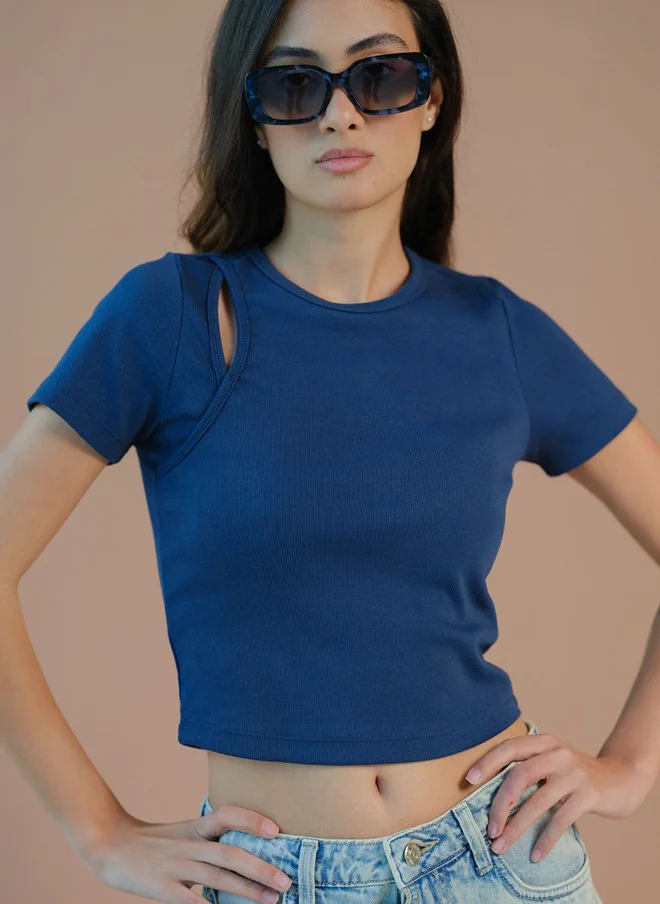 Virgio Navy Blue Virgio Women Cotton Stretch Cutout Ribbed Top for Women | Best Price UAE