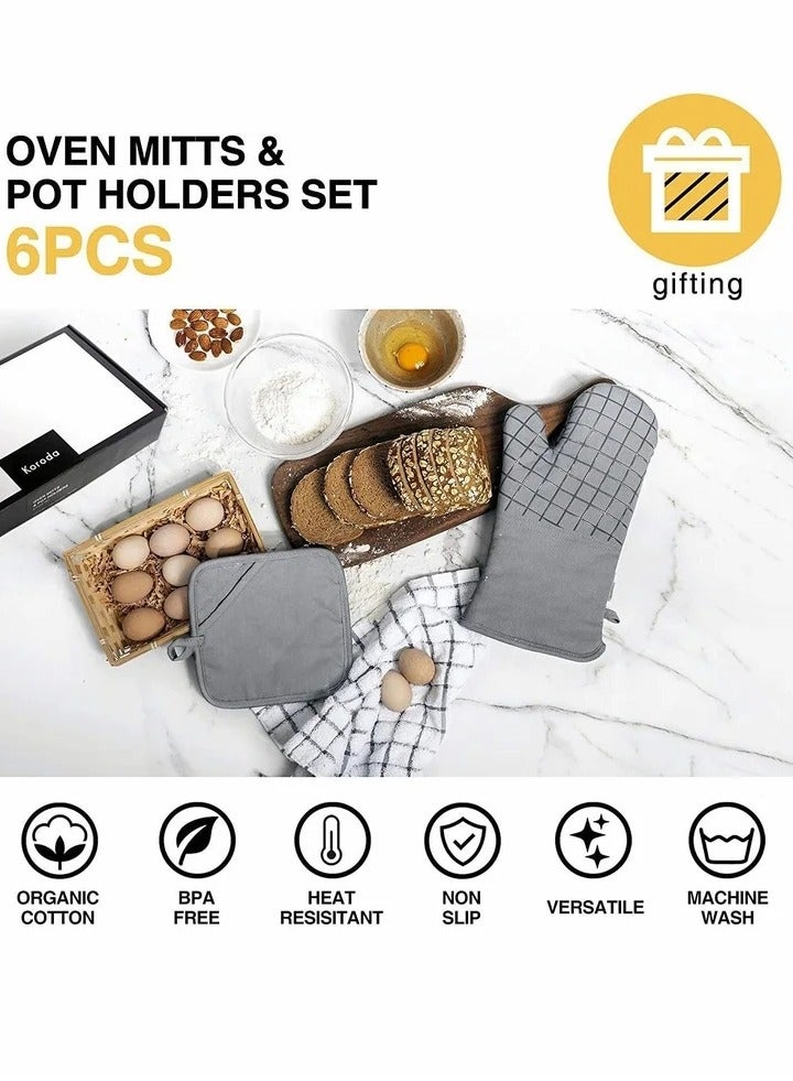 Oven Mitts and Pot Holders Sets, 550°F High Heat Resistant with Kitchen Towels Thick Cotton Gloves Non-Slip Silicone for Cooking Baking (6Pcs, Grey)  - Image 2