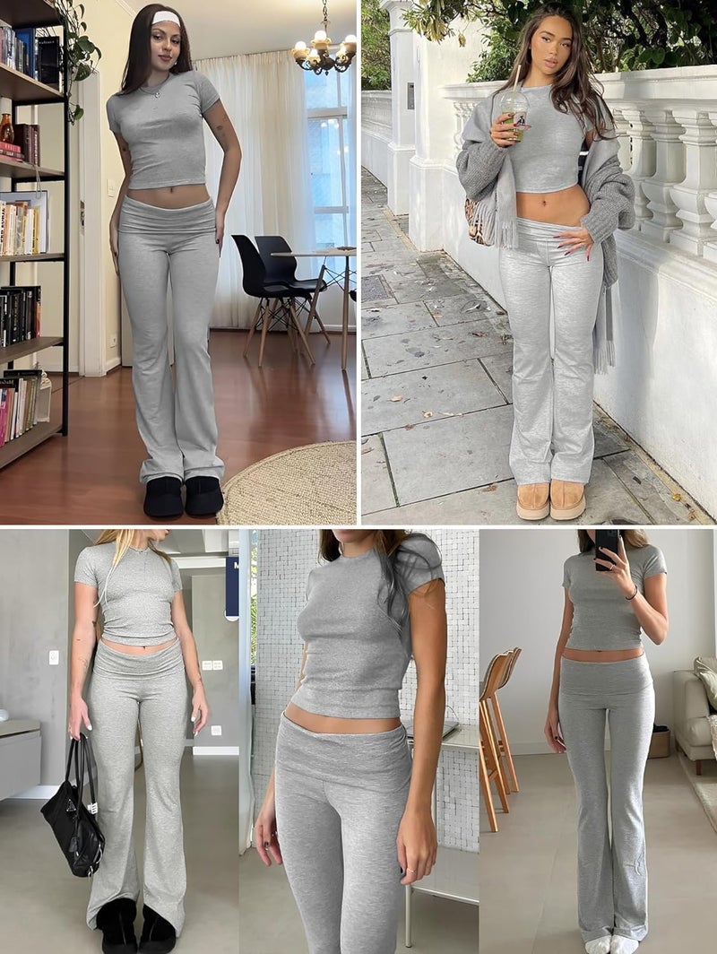 ZFLM Casual Workout Two Piece Outfits for Women Short Sleeve Crop High Waist Foldover Flare Pants Tracksuit Sets Streetwear - Image 5